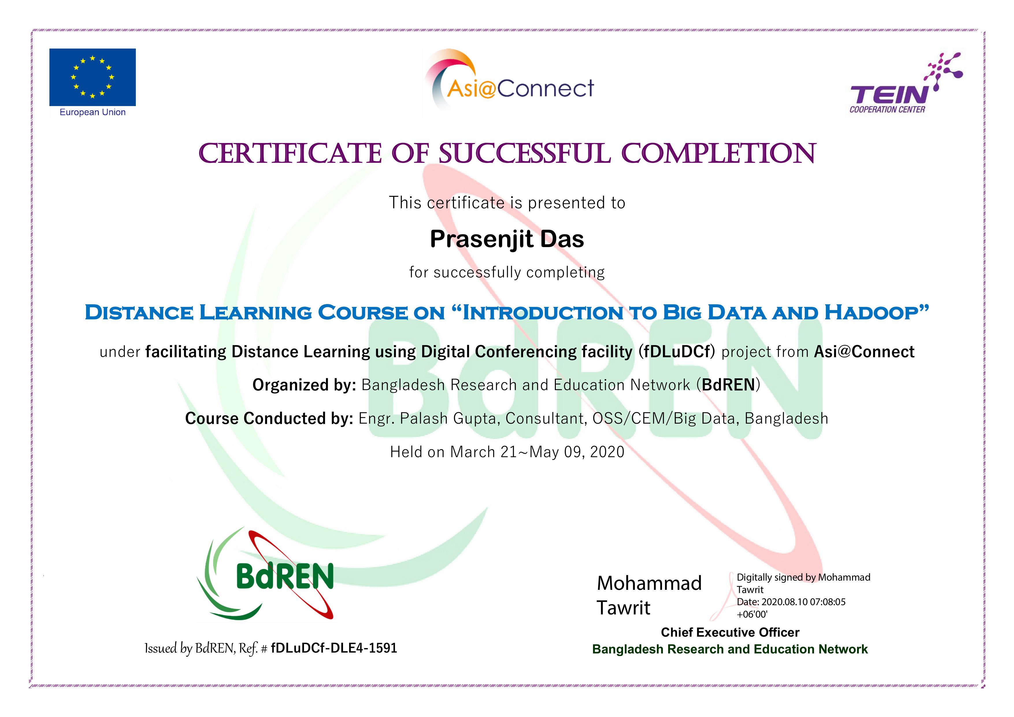 Introduction to Big Data and Hadoop certificate