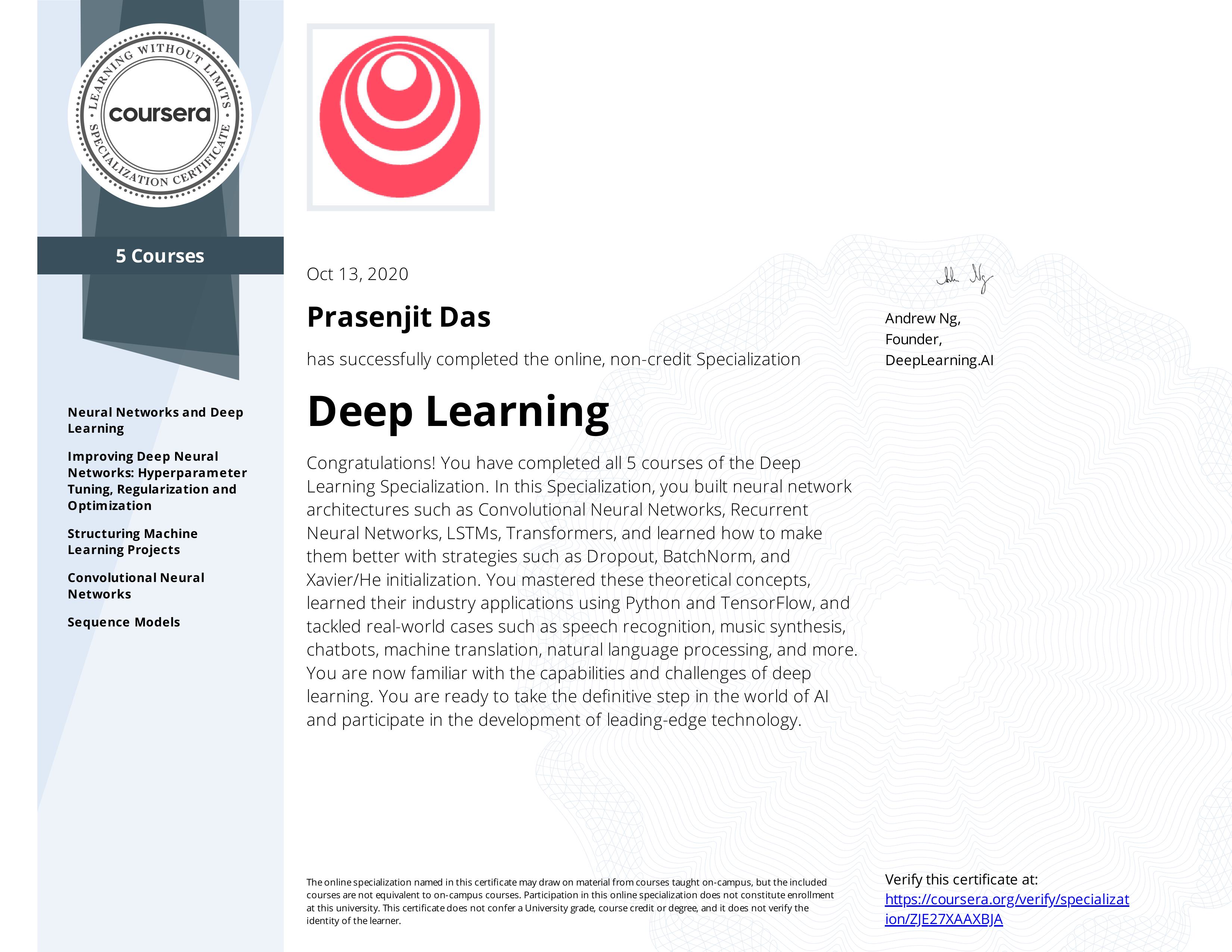 Deep Learning Specialization certificate