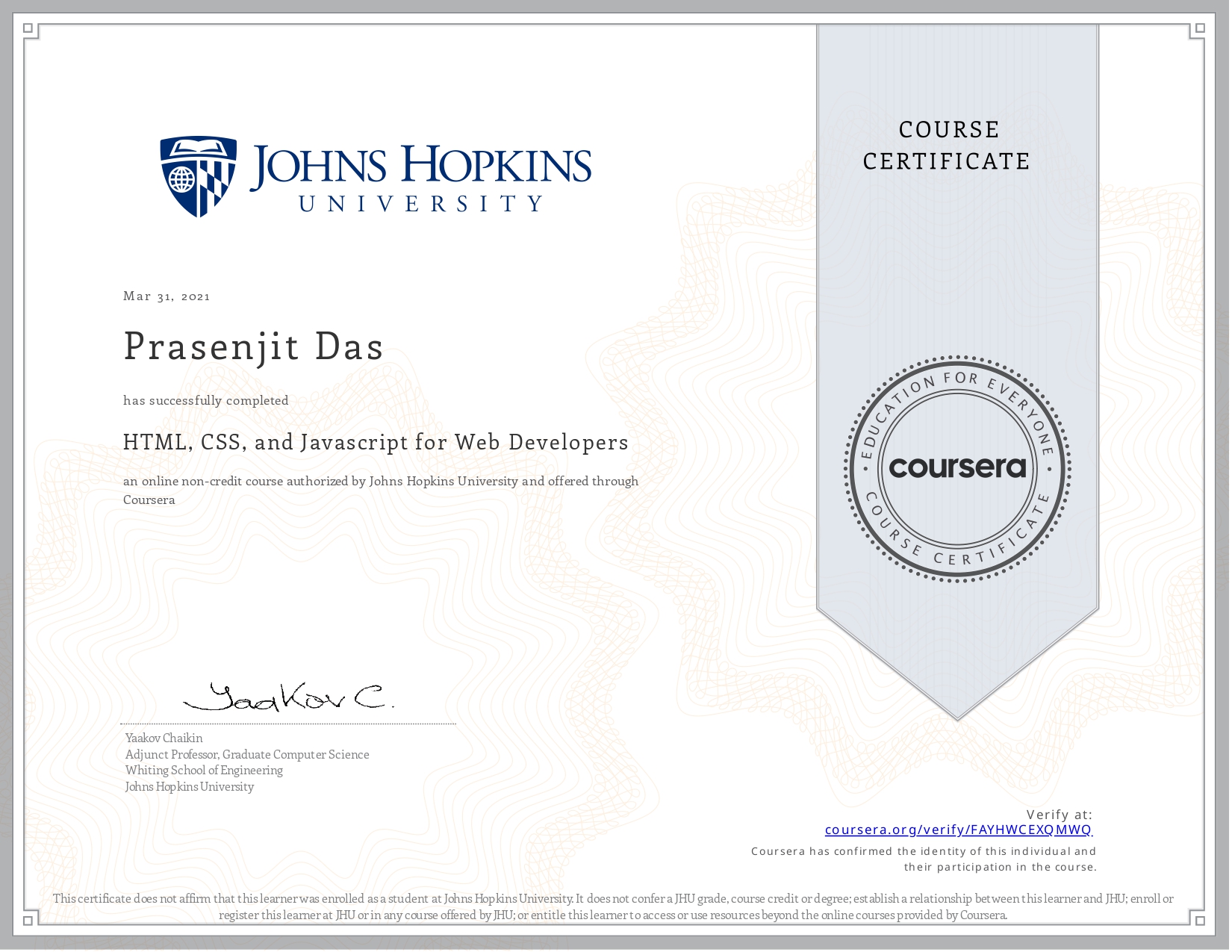 HTML, CSS, and JavaScript for Web Developers certificate